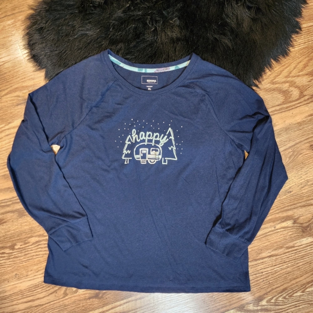 Sonoma Intimates Navy Blue Happy Camper Long Sleeve Pajama Top Women's Size XL